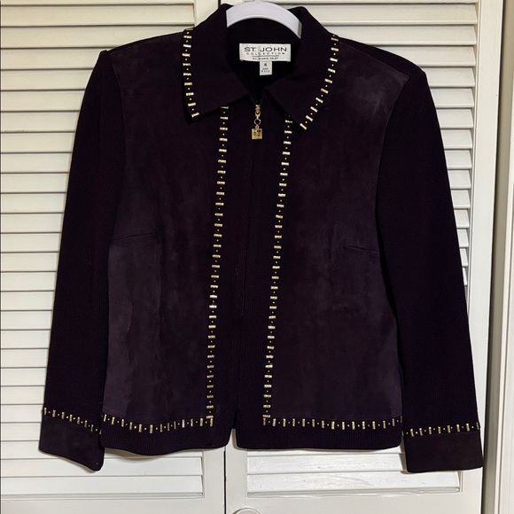 St. John by Marie Gray Dark purple Jacket with Gold Detailing sz. 4, suede front - Picture 1 of 10
